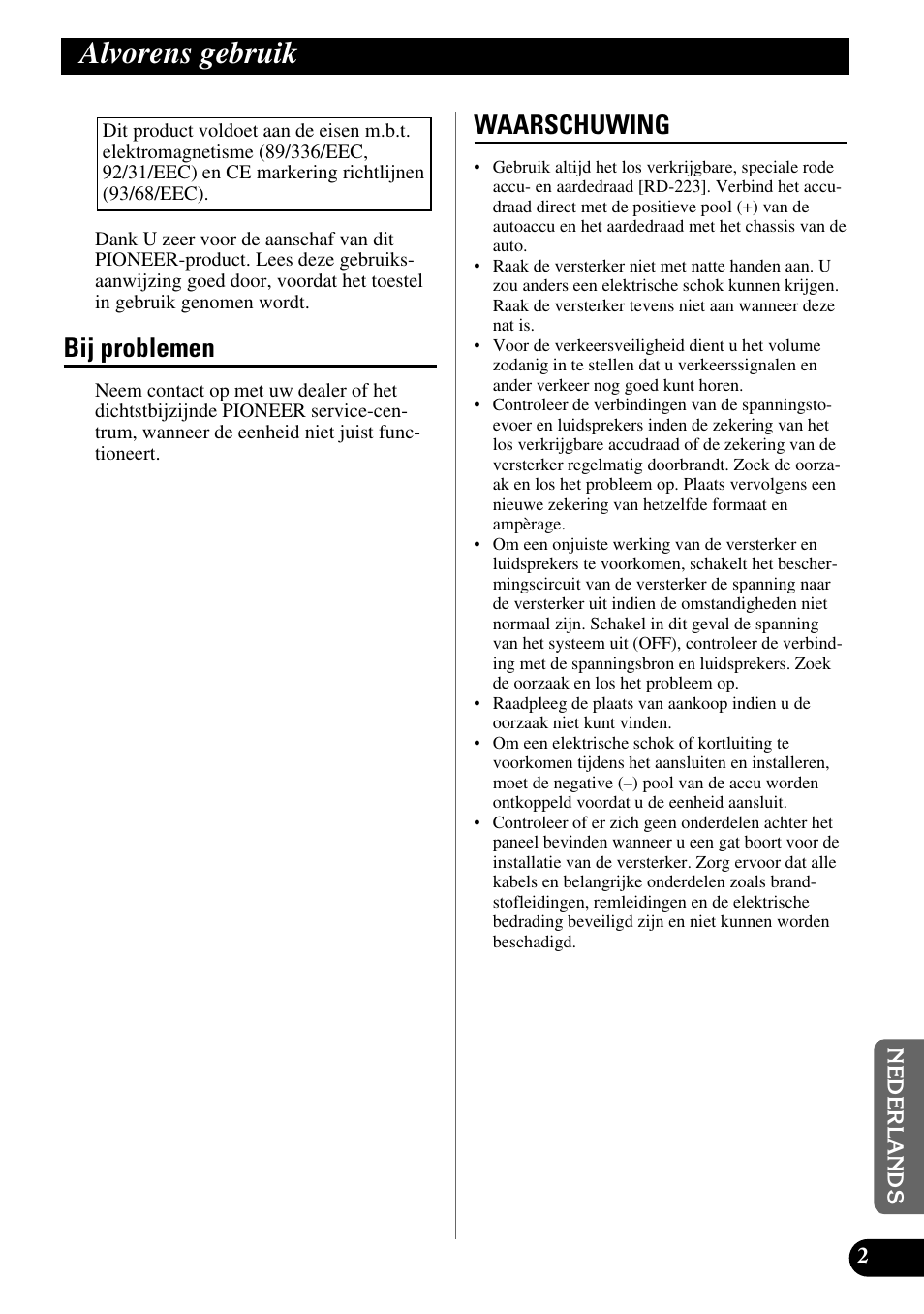 Alvorens gebruik, Bij problemen waarschuwing, Bij problemen | Waarschuwing | Pioneer GM-X554 User Manual | Page 63 / 76