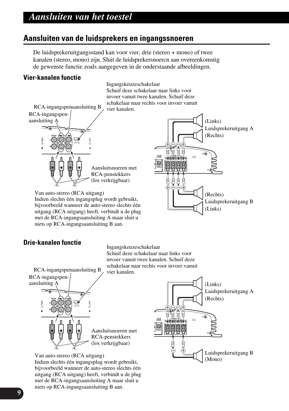 Aansluiten van de luidsprekers en, Ingangssnoeren, Aansluiten van het toestel | Aansluiten van de luidsprekers en ingangssnoeren, Vier-kanalen functie drie-kanalen functie | Pioneer GM-X554 User Manual | Page 70 / 76