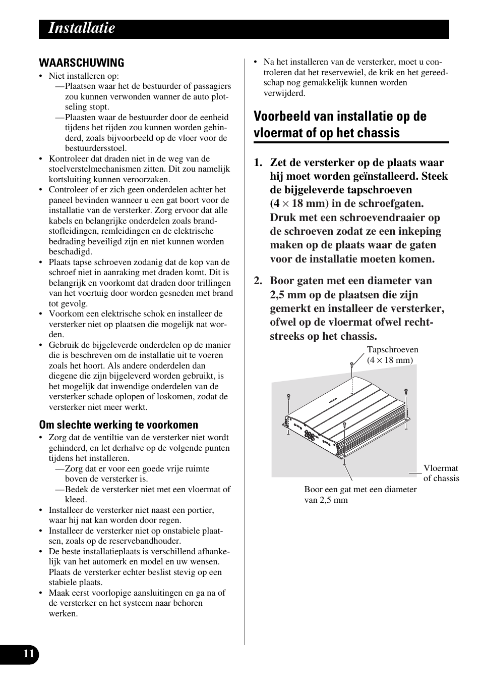 Installatie, Voorbeeld van installatie op de vloermat of, Op het chassis | Pioneer GM-X554 User Manual | Page 72 / 76