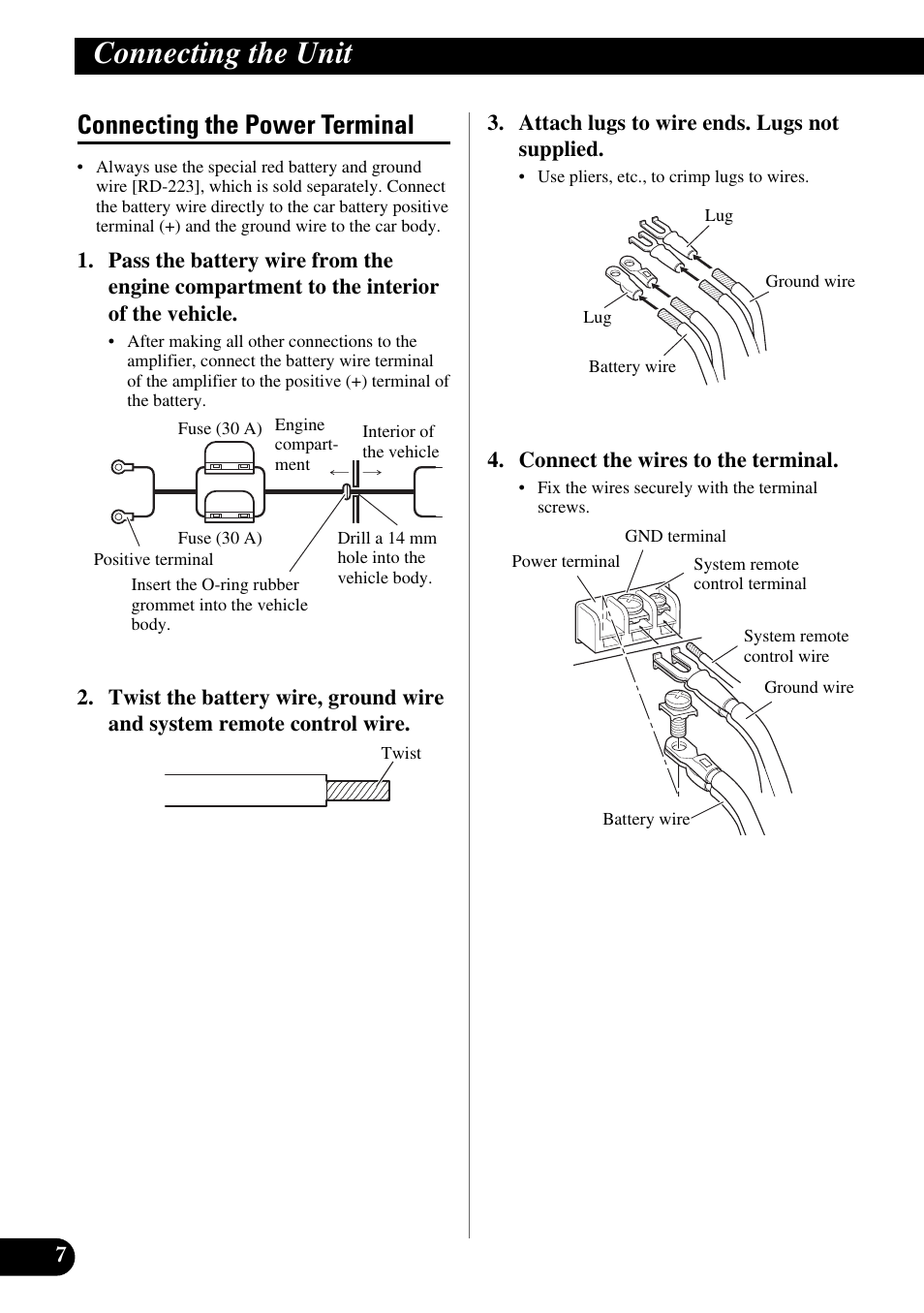 Connecting the power terminal, Connecting the unit | Pioneer GM-X554 User Manual | Page 8 / 76
