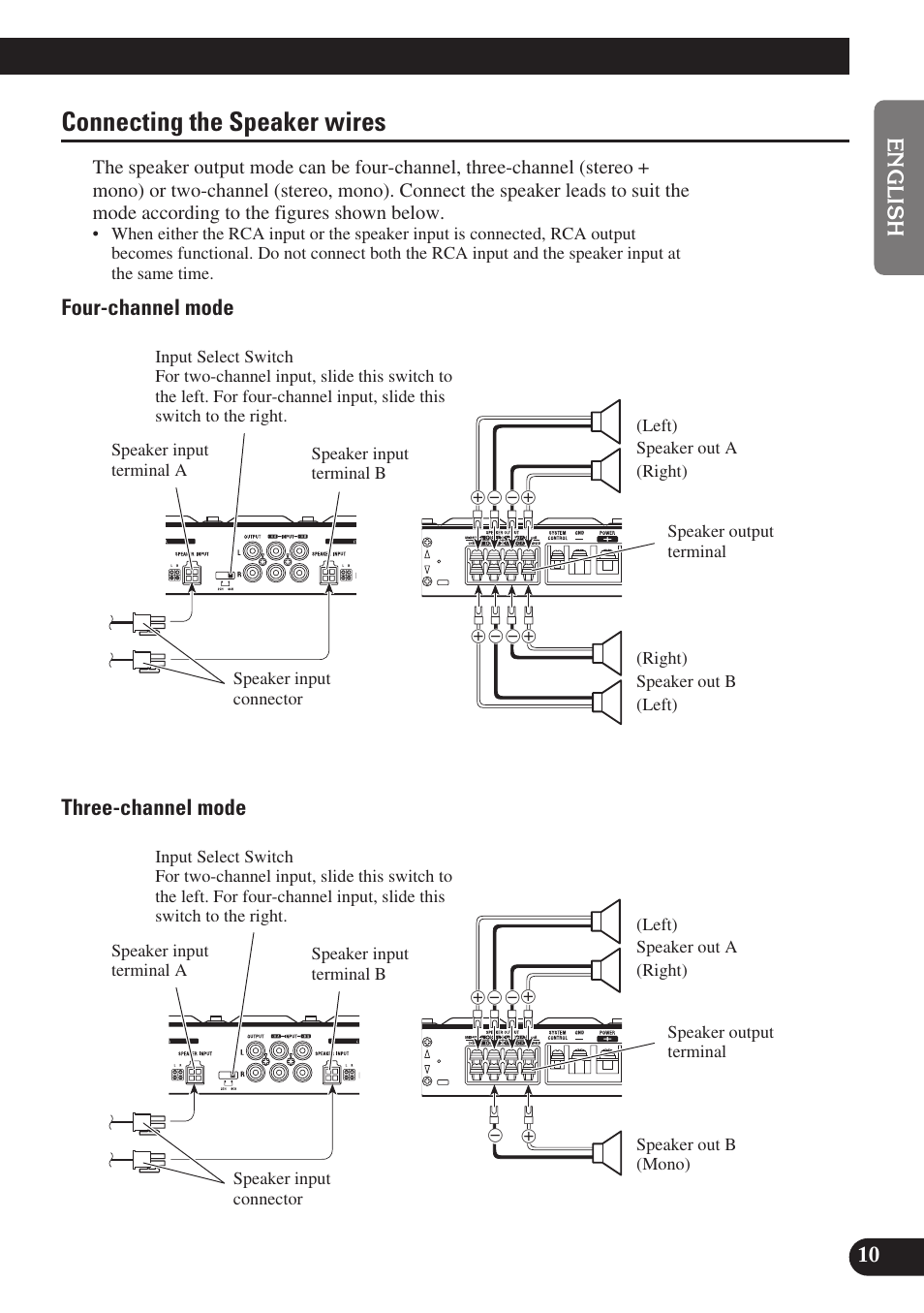 Connecting the speaker wires, Four-channel mode three-channel mode | Pioneer GM-X574 User Manual | Page 11 / 88