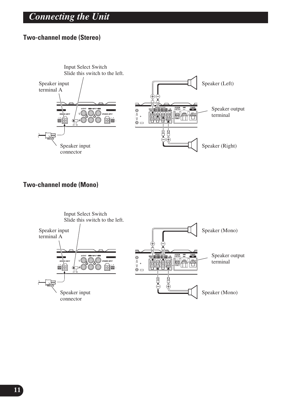 Installation, Example of installation on the floor mat, Or on the chassis | Connecting the unit, Two-channel mode (stereo) two-channel mode (mono) | Pioneer GM-X574 User Manual | Page 12 / 88