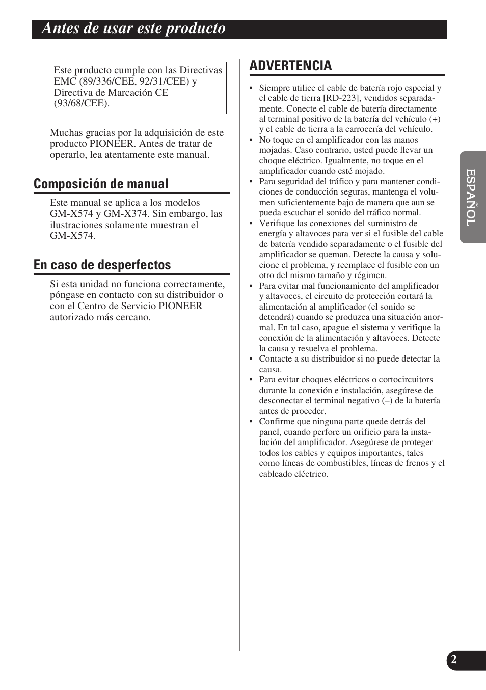 Antes de usar este producto, Composición de manual, En caso de desperfectos | Advertencia | Pioneer GM-X574 User Manual | Page 17 / 88