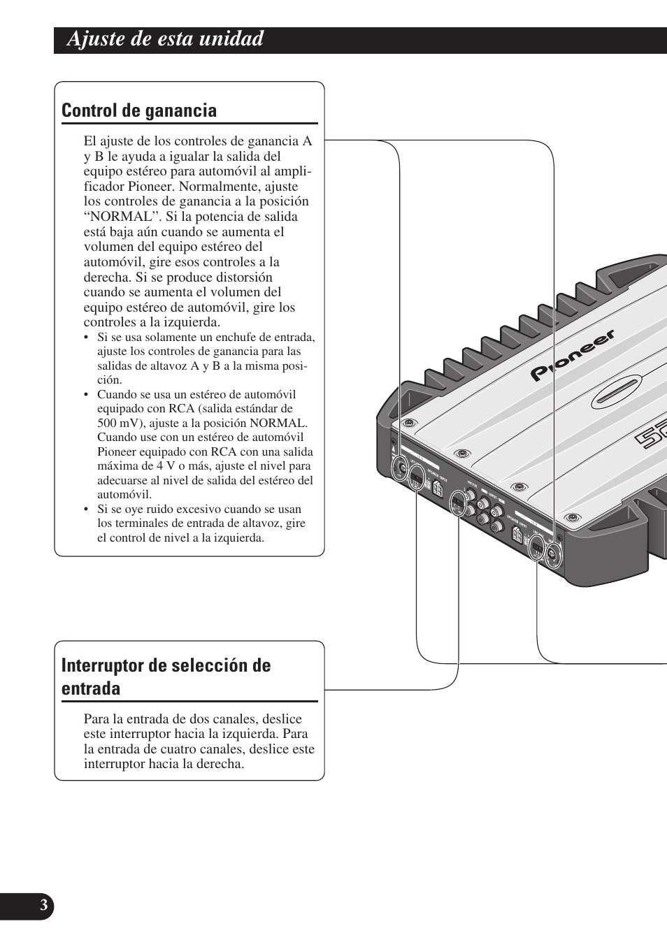 Ajuste de esta unidad, Batido), Interruptor de selección lpf (filtro de paso | Bajo)/hpf (filtro de paso alto), Control de ganancia, Interruptor de selección de entrada | Pioneer GM-X574 User Manual | Page 18 / 88