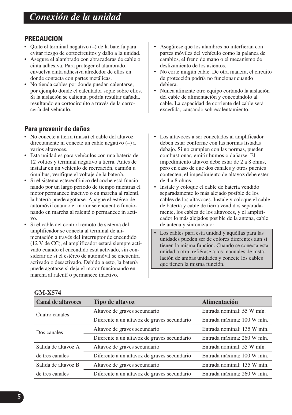 Conexión de la unidad | Pioneer GM-X574 User Manual | Page 20 / 88