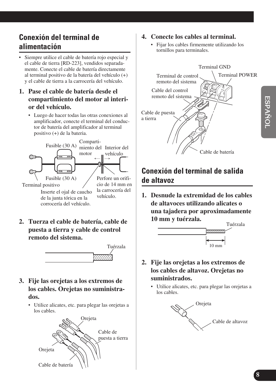 Conexión del terminal de alimentación, Conexión del terminal de salida de altavoz | Pioneer GM-X574 User Manual | Page 23 / 88