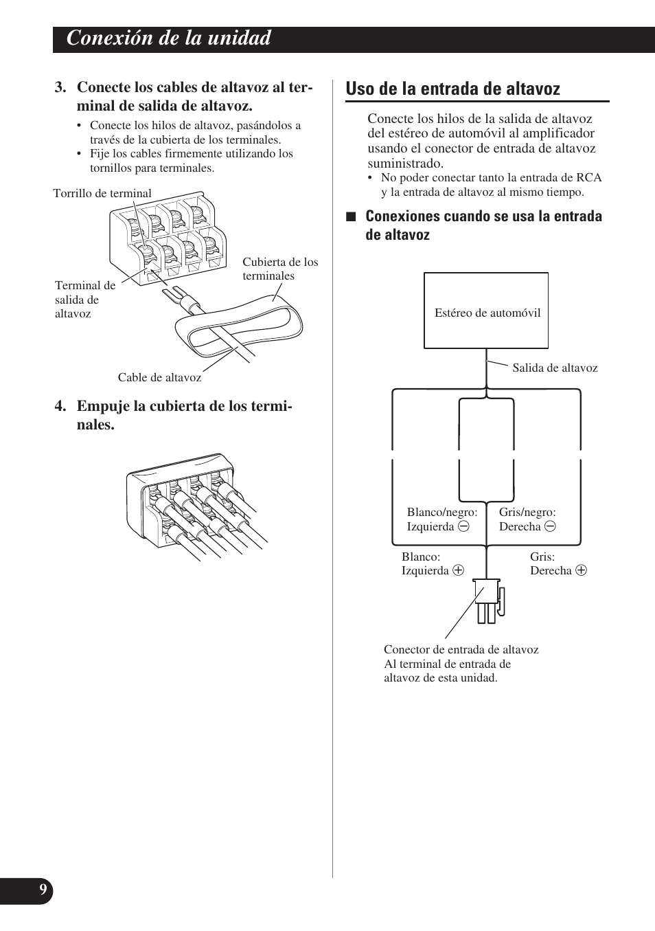 Conexión de la unidad, Uso de la entrada de altavoz | Pioneer GM-X574 User Manual | Page 24 / 88