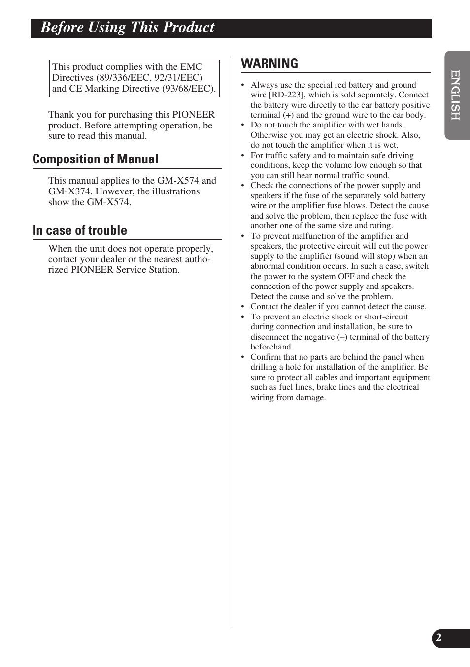Before using this product, Composition of manual, Warning | Pioneer GM-X574 User Manual | Page 3 / 88
