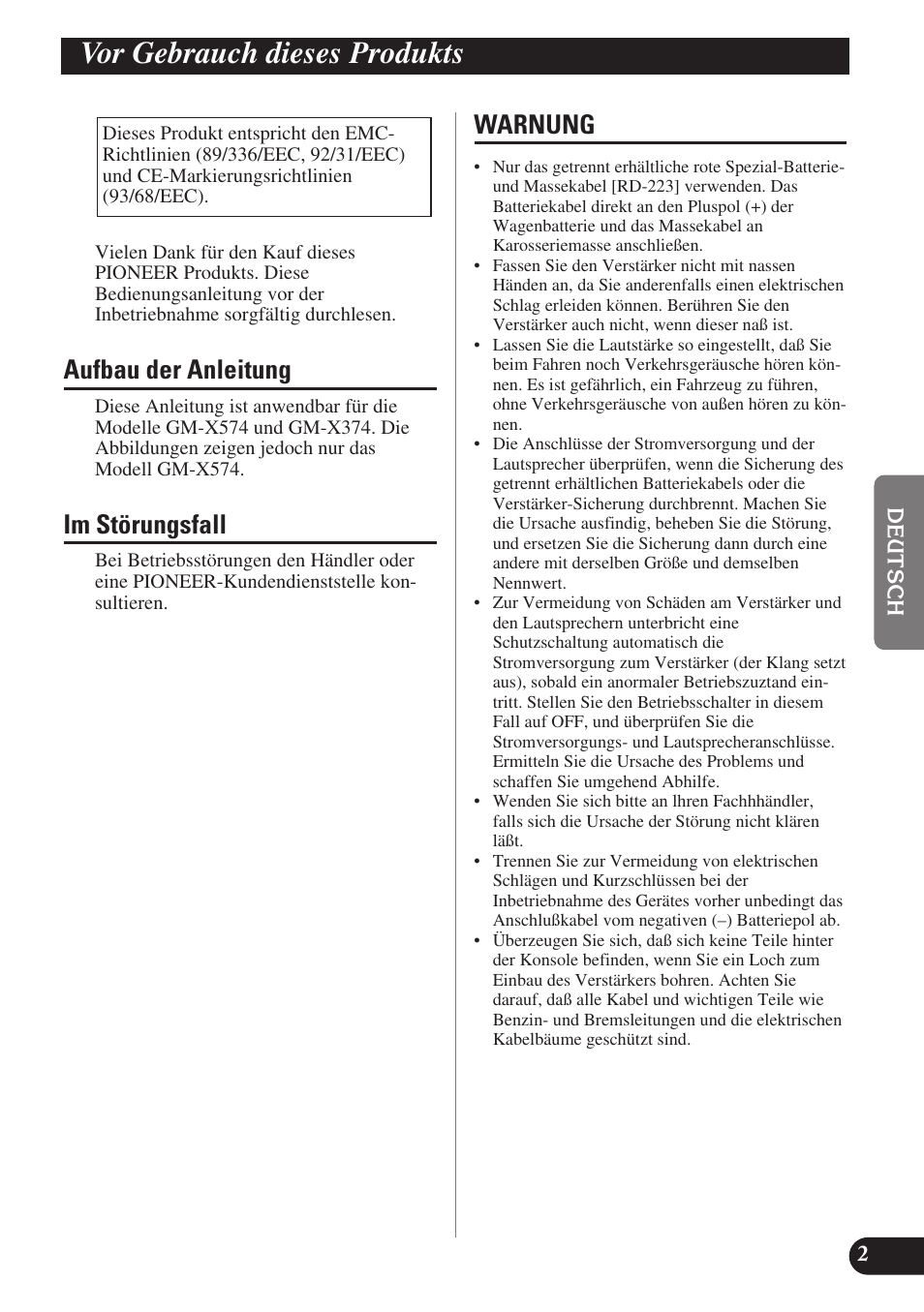 Vor gebrauch dieses produkts, Aufbau der anleitung, Im störungsfall | Warnung | Pioneer GM-X574 User Manual | Page 31 / 88