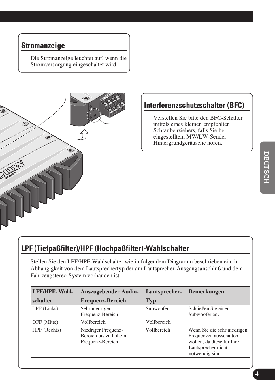 Stromanzeige, Interferenzschutzschalter (bfc) | Pioneer GM-X574 User Manual | Page 33 / 88