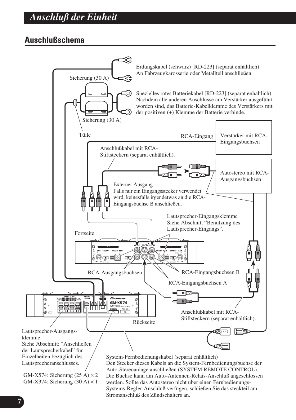 Klemmen, Anschluß der einheit, Auschlußschema | Pioneer GM-X574 User Manual | Page 36 / 88