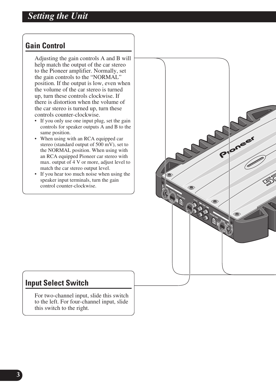 Setting the unit, Filter) select switch, Gain control | Input select switch | Pioneer GM-X574 User Manual | Page 4 / 88