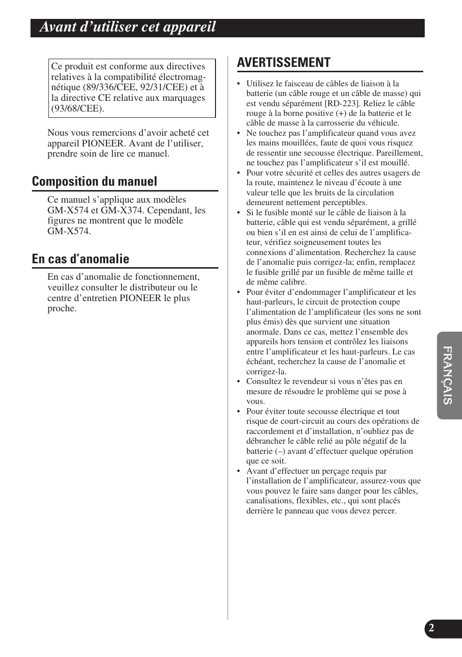 Avant d’utiliser cet appareil, Composition du manuel, En cas d’anomalie | Avertissement | Pioneer GM-X574 User Manual | Page 45 / 88