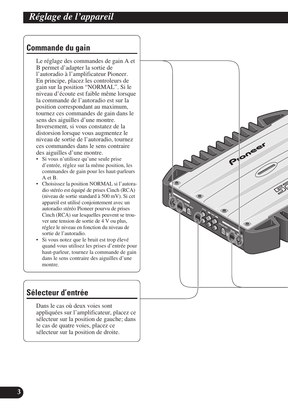 Réglage de l’appareil, De battement), Sélecteur lpf (filtre passe-bas) | Hpf (filtre passe-haut), Commande du gain, Sélecteur d’entrée | Pioneer GM-X574 User Manual | Page 46 / 88