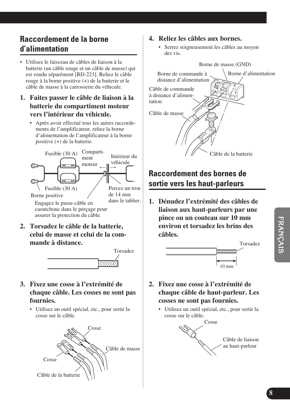 Les haut-parleurs, Raccordement de la borne d’alimentation | Pioneer GM-X574 User Manual | Page 51 / 88
