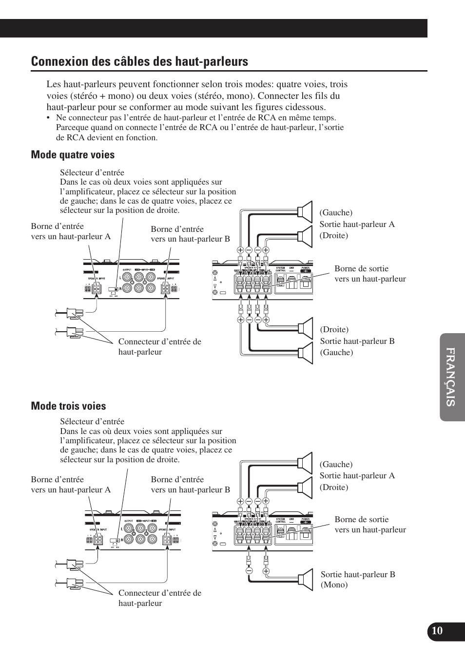 Connexion des câbles des haut-parleurs, Mode quatre voies mode trois voies | Pioneer GM-X574 User Manual | Page 53 / 88