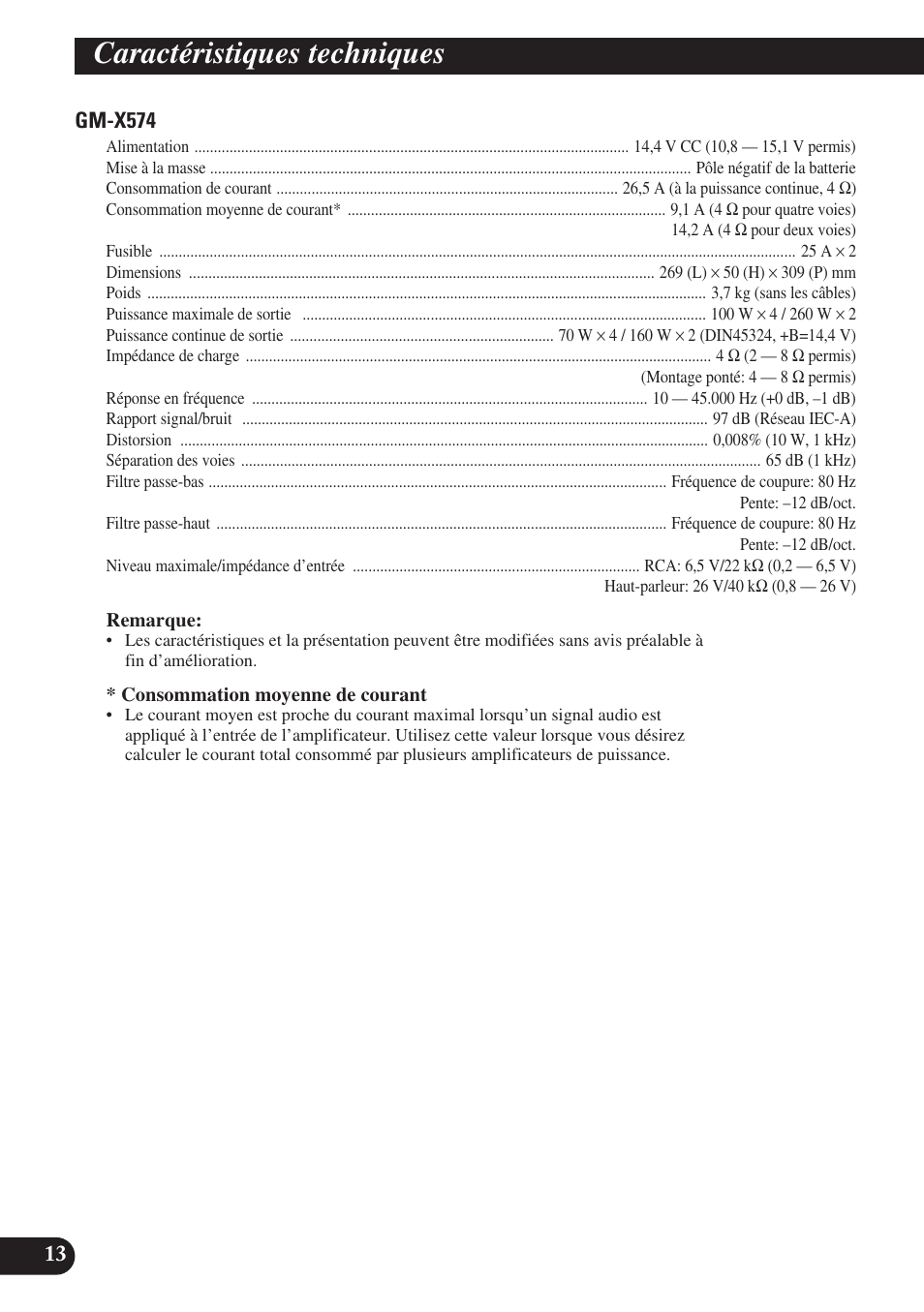 Caractéristiques techniques | Pioneer GM-X574 User Manual | Page 56 / 88