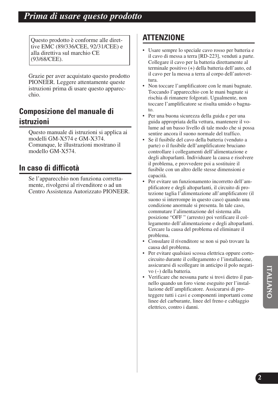 Prima di usare questo prodotto, Composizione del manuale di istruzioni, Attenzione | Pioneer GM-X574 User Manual | Page 59 / 88