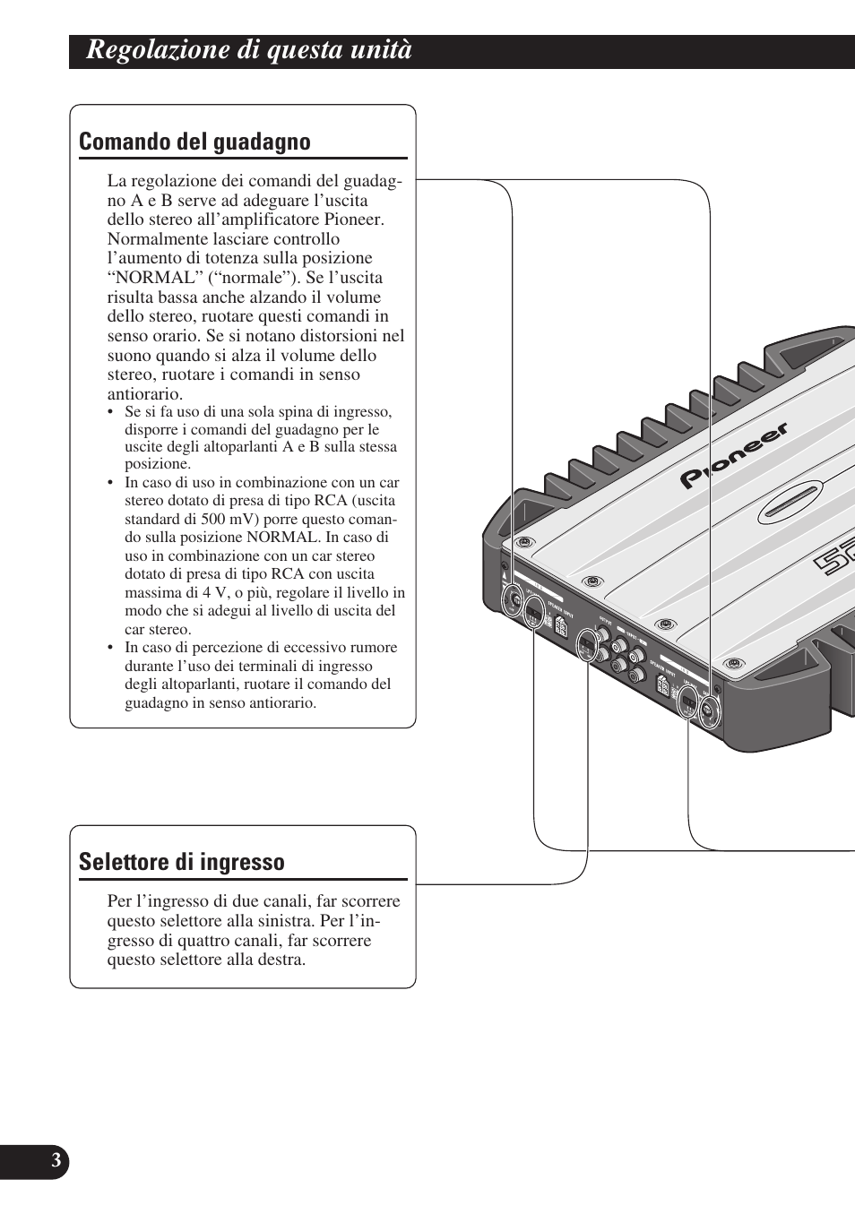 Regolazione di questa unità, Di battimento), Selettore lpf (filtro passa-basso)/hpf (filtro | Passa-alto), Comando del guadagno, Selettore di ingresso | Pioneer GM-X574 User Manual | Page 60 / 88