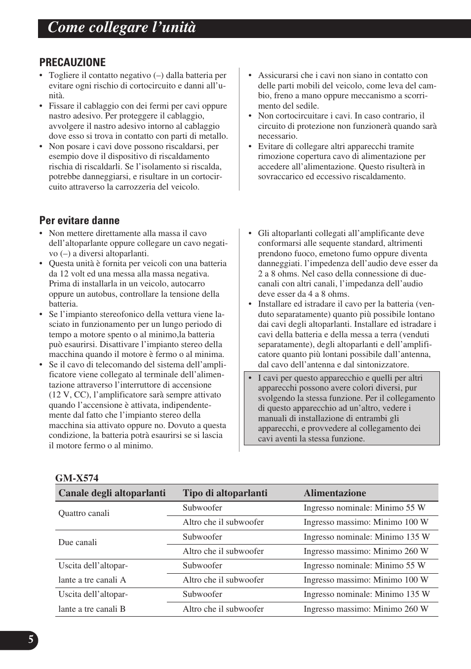 Come collegare i’unità, Come collegare l’unità | Pioneer GM-X574 User Manual | Page 62 / 88