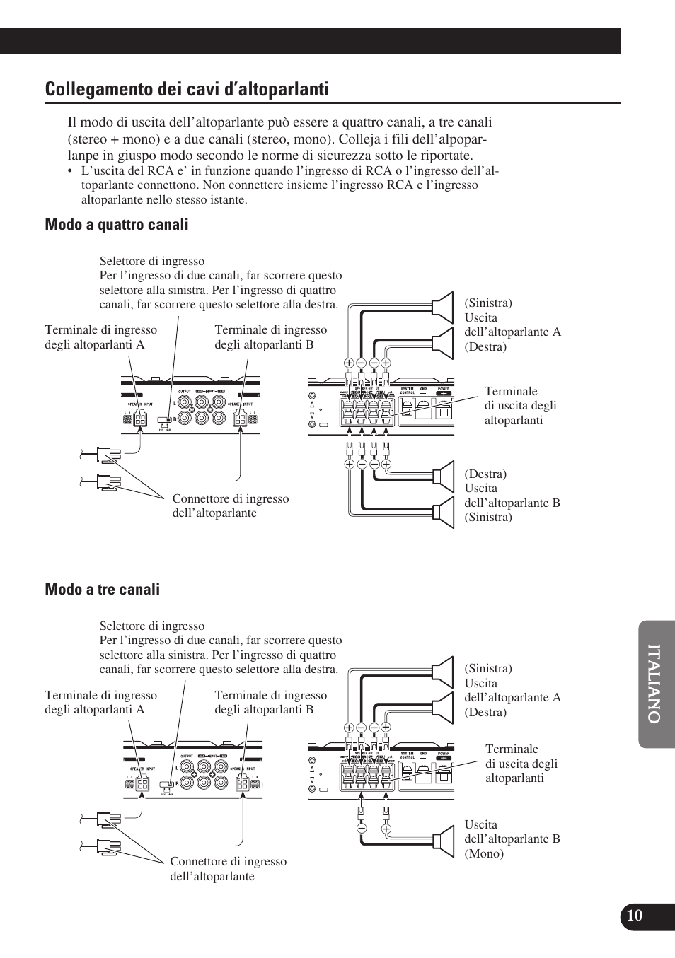 Collegamento dei cavi d’altoparlanti, Modo a quattro canali modo a tre canali | Pioneer GM-X574 User Manual | Page 67 / 88