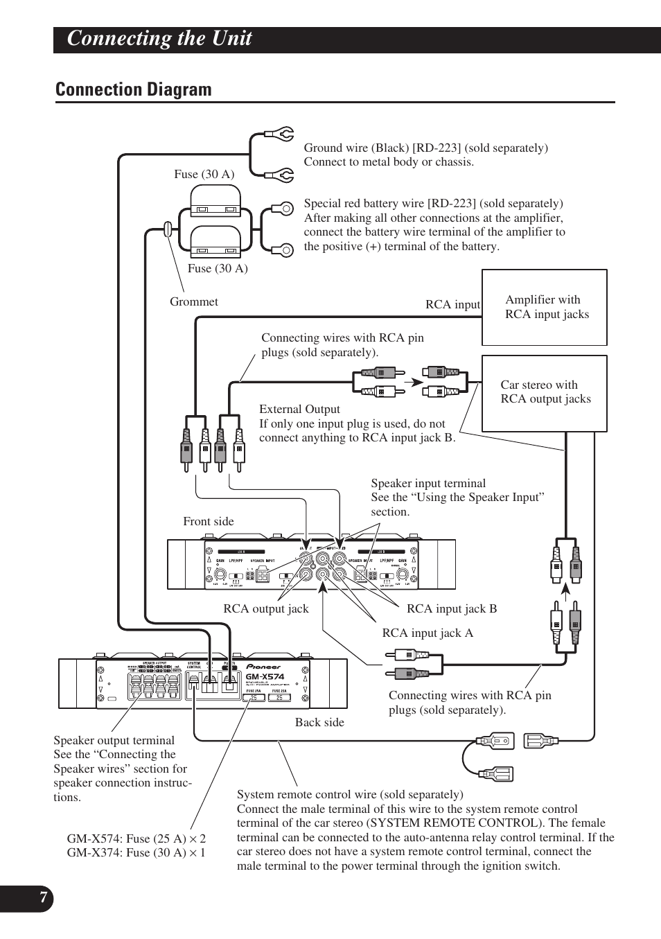 Connecting the unit, Connection diagram | Pioneer GM-X574 User Manual | Page 8 / 88