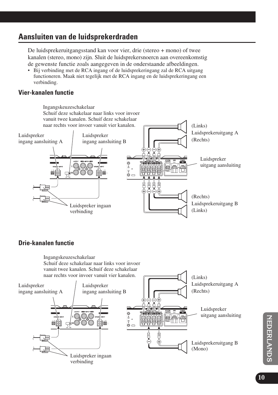 Aansluiten van de luidsprekerdraden, Vier-kanalen functie drie-kanalen functie | Pioneer GM-X574 User Manual | Page 81 / 88