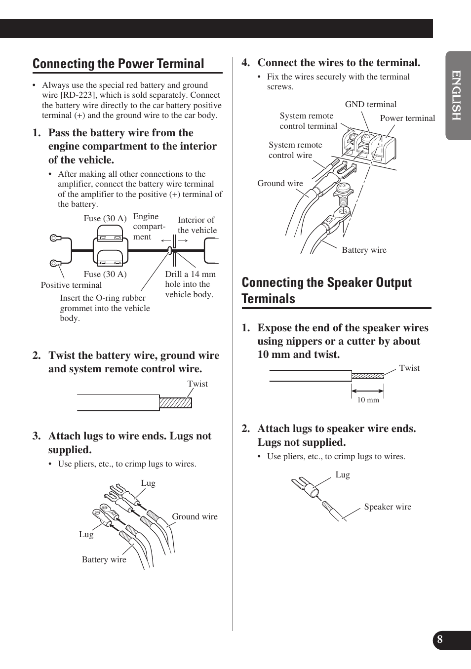Connecting the power terminal, Connecting the speaker output terminals | Pioneer GM-X574 User Manual | Page 9 / 88