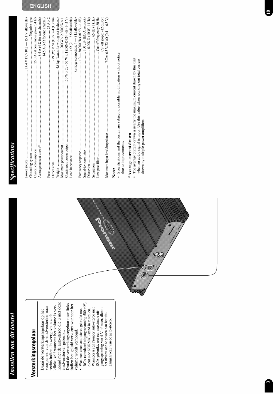 Note, Average current drawn, Instellen van dit toestel specifications | Pioneer GM-X952 User Manual | Page 11 / 32