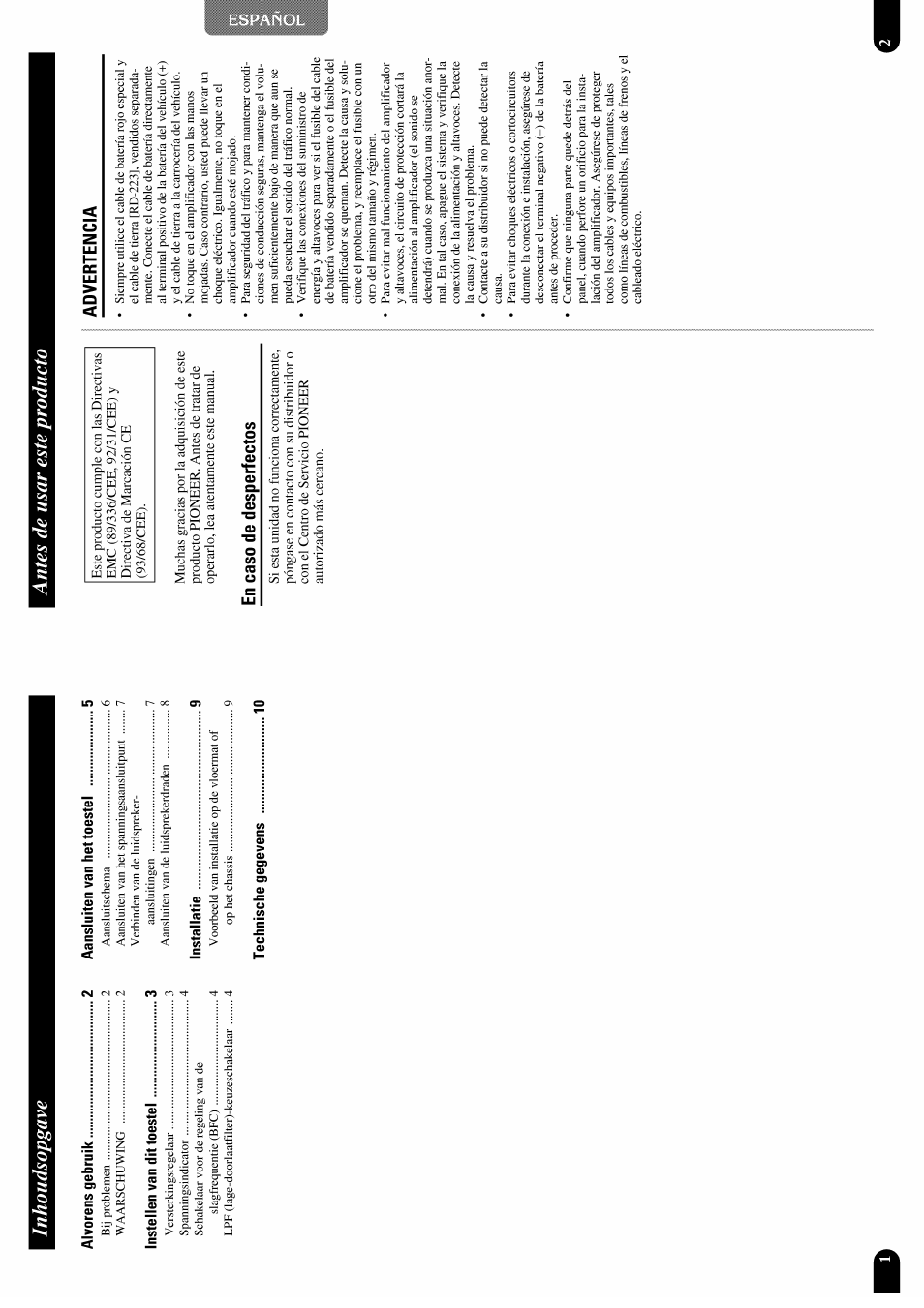 Inhoudsopgave, Antes de usar este producto | Pioneer GM-X952 User Manual | Page 13 / 32