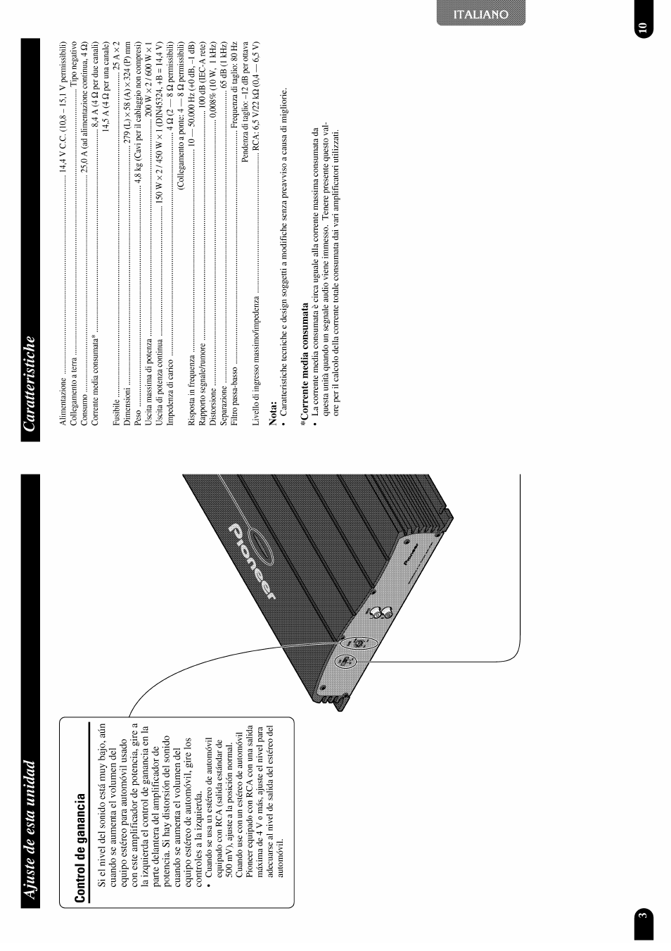 Nota, Corrente media consumata, Ajuste de esta unidad caratteristiche | Pioneer GM-X952 User Manual | Page 14 / 32