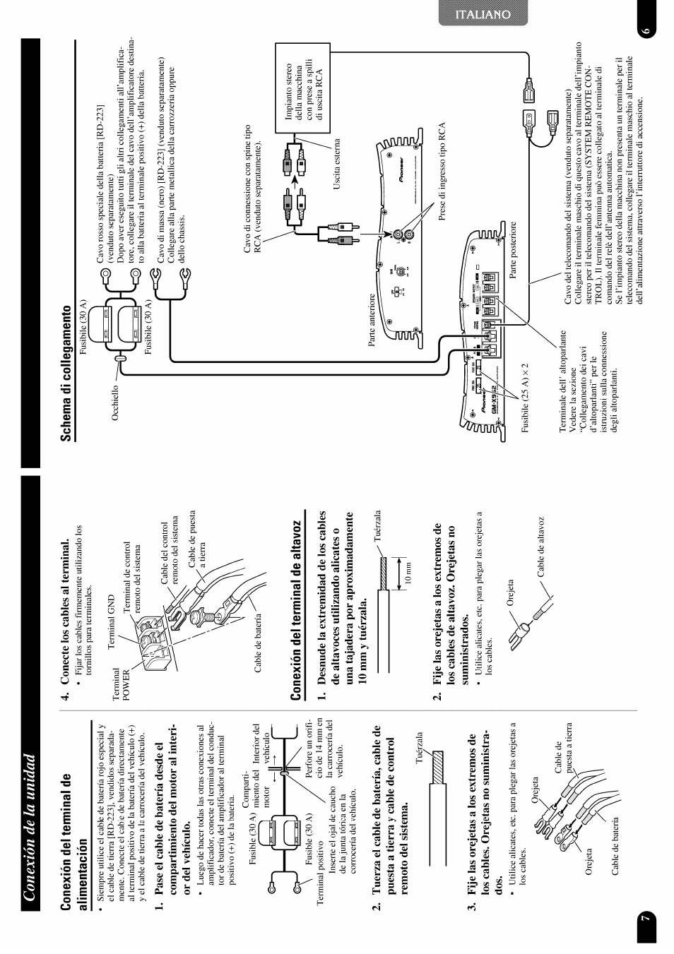 Conexión de la unidad, Conexión del terminal de alimentación, Schema di collegamento | Conexión del terminal de altavoz | Pioneer GM-X952 User Manual | Page 18 / 32