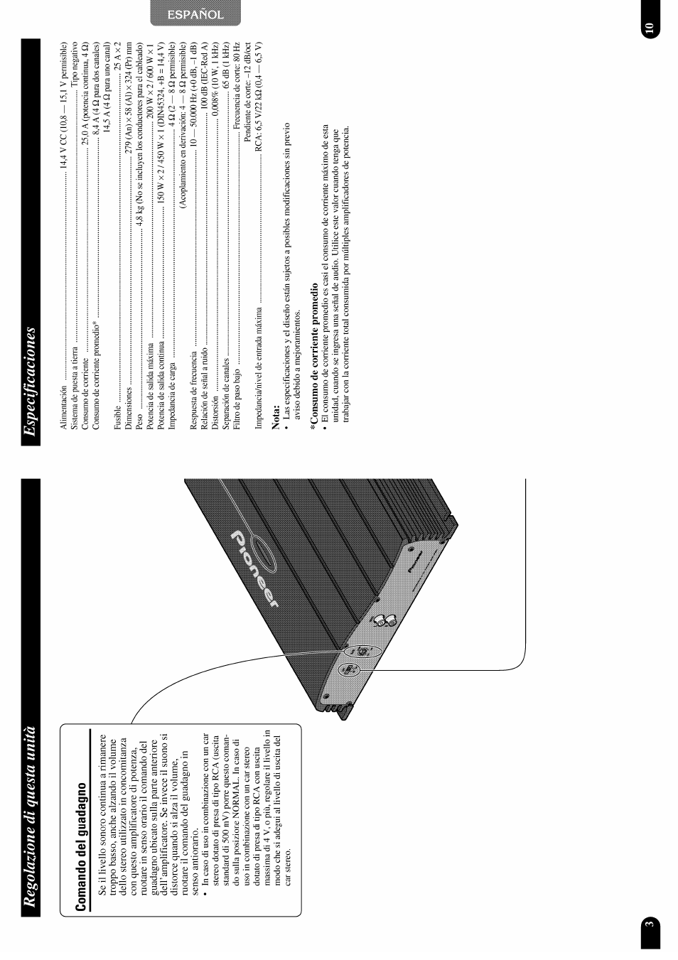 Nota, Consumo de corriente promedio, Regolazione di questa unità especificaciones | Pioneer GM-X952 User Manual | Page 21 / 32