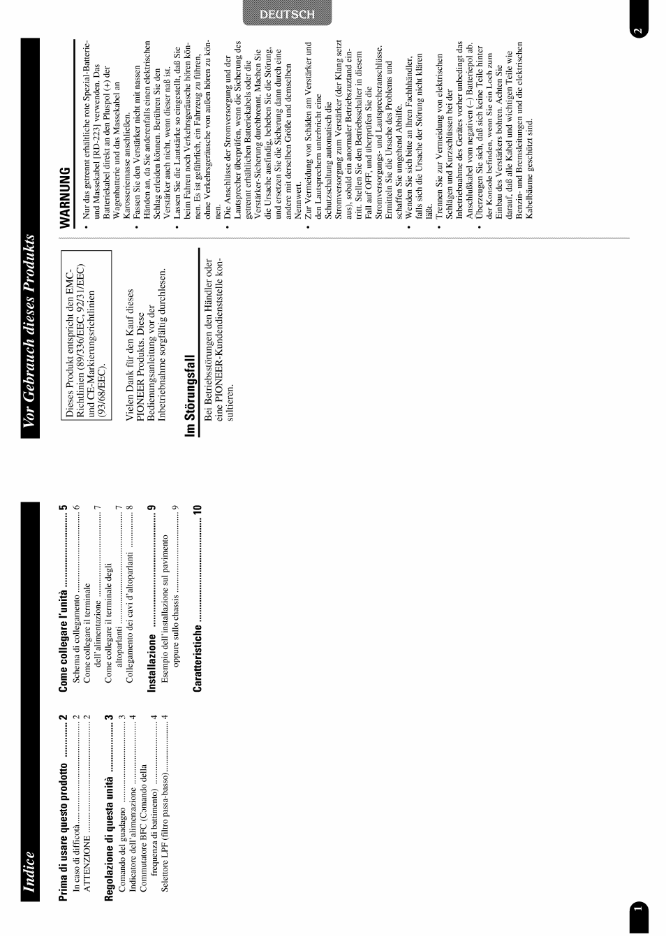 Indice, Vor gebrauch dieses produkts, Im störungsfall | Warnung, Im stömngsfall warnung | Pioneer GM-X952 User Manual | Page 23 / 32