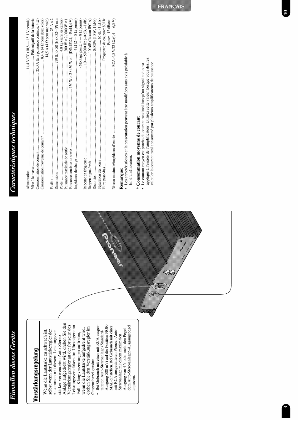 Caractéristiques techniques, Remarque, Consommation moyenne de courant | Pioneer GM-X952 User Manual | Page 24 / 32