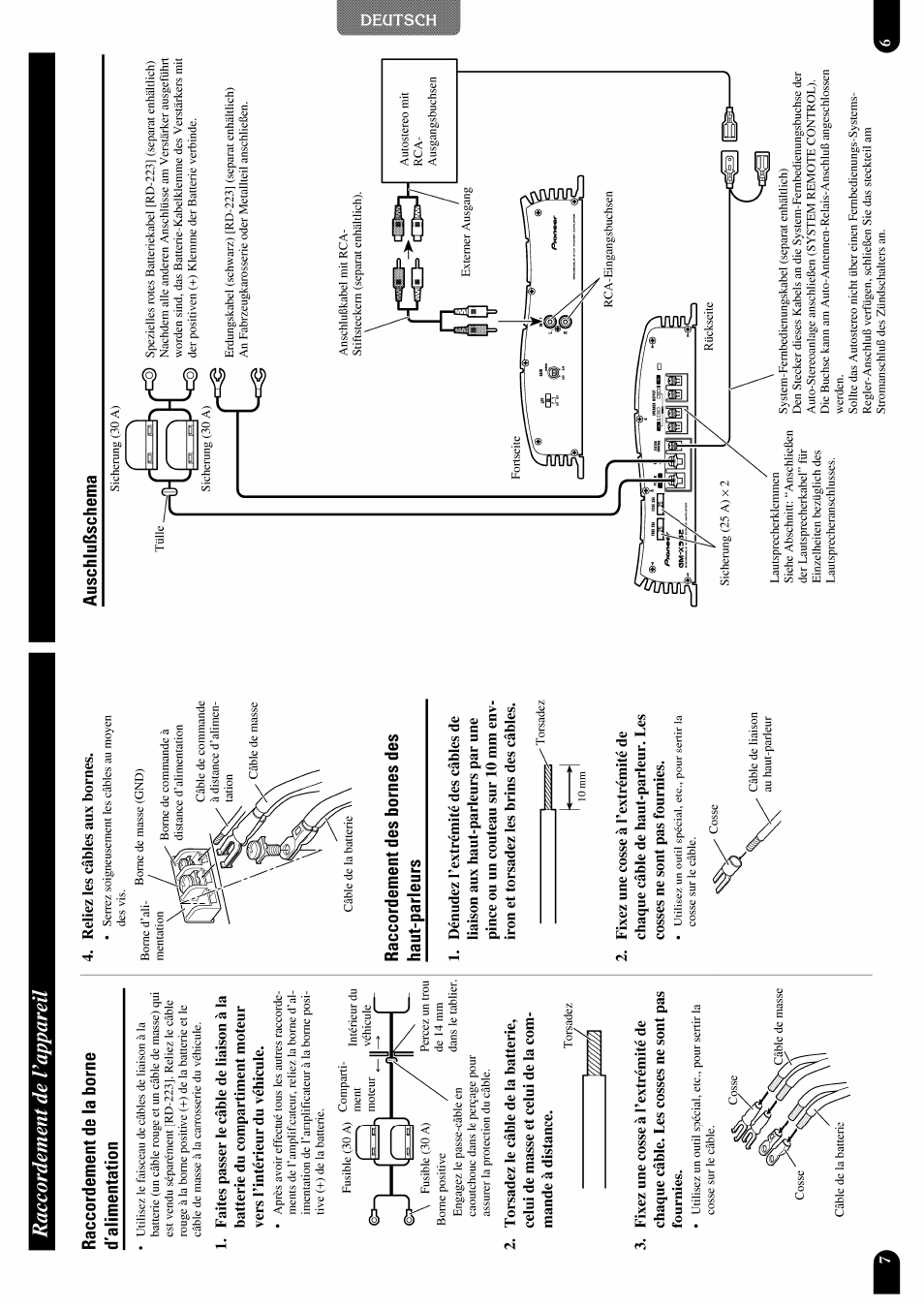 Raccordement de vappareil, Raccordement de la borne d'alimentation, Auschlußschema | Raccordement des bornes des haut-parleurs, Ausehlußsehema | Pioneer GM-X952 User Manual | Page 27 / 32