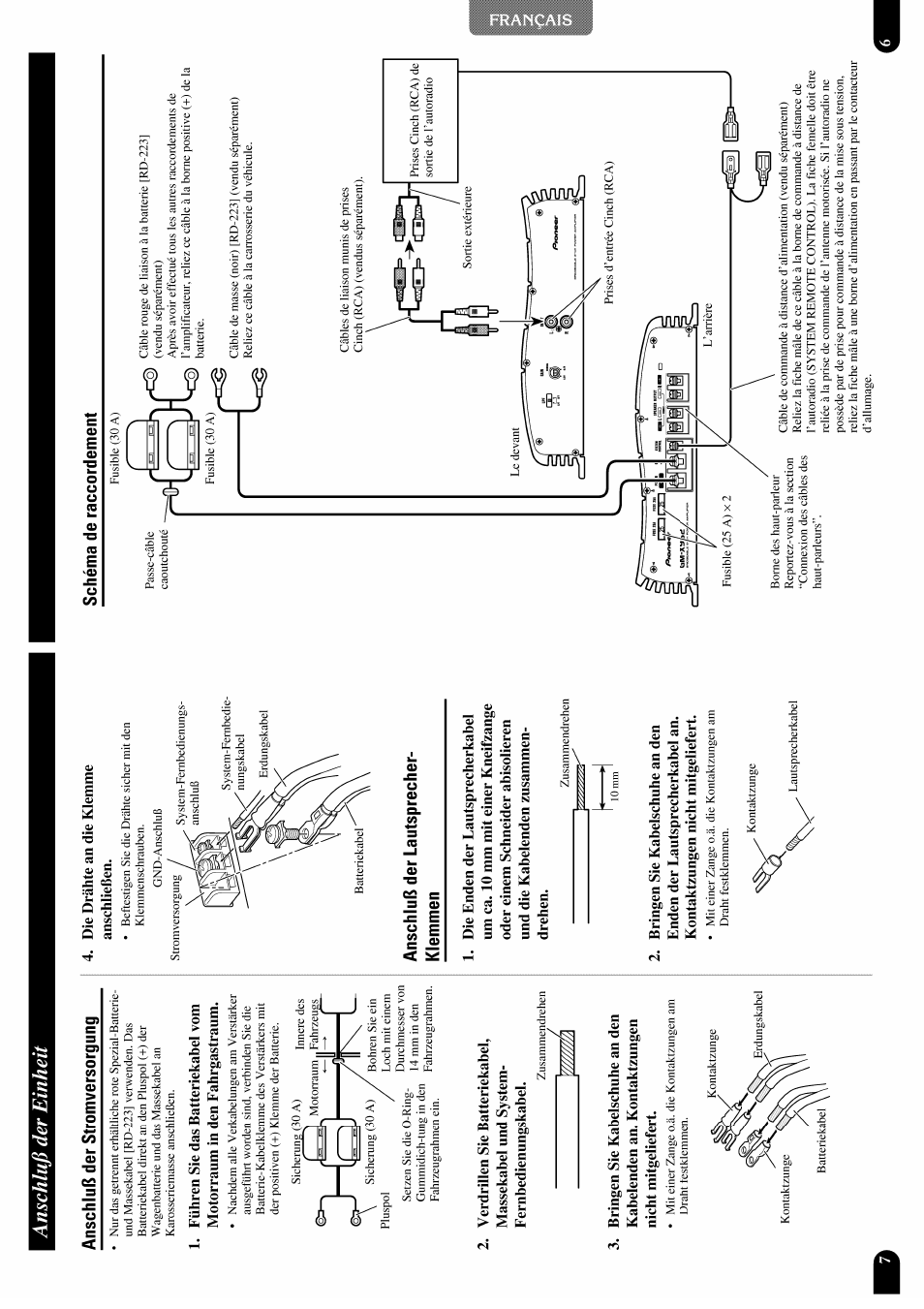 Anschluß der einheit, Anschluß der stromversorgung, Schéma de raccordement | Anschluß der lautsprecher- klemmen | Pioneer GM-X952 User Manual | Page 28 / 32