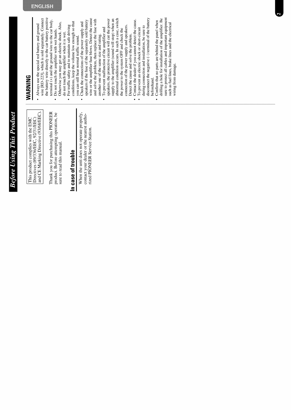 Before using this product, In case of trouble, Warning | In case of trouble warning | Pioneer GM-X952 User Manual | Page 3 / 32