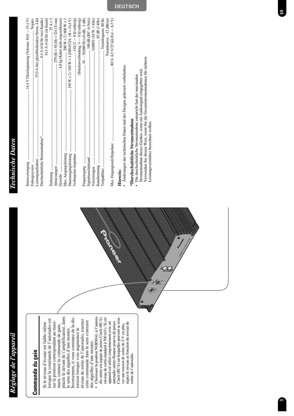 Hinweis, Durchschnittliche stromentnahme, Réglage de vappareil technische daten | Pioneer GM-X952 User Manual | Page 31 / 32