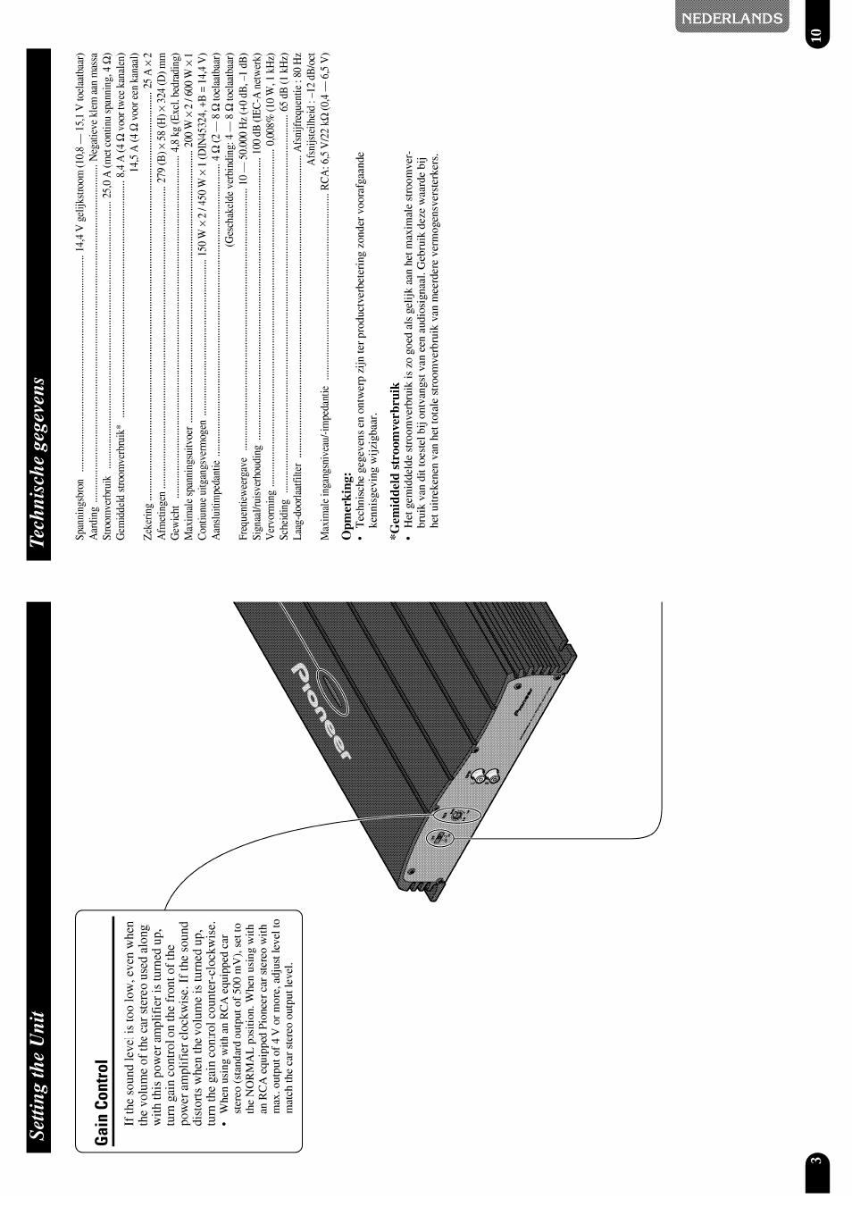 Opmerking, Gemiddeld stroomverbruik, Setting the unit technische gegevens | Pioneer GM-X952 User Manual | Page 4 / 32