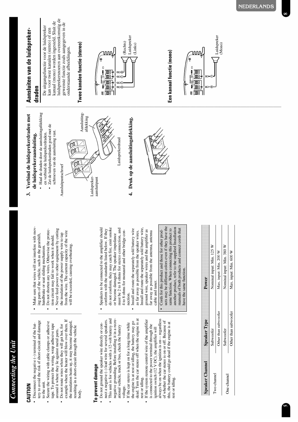 Connecting the unit, Caution, To prevent damage | Aansluiten van de luidsprekerdraden, Twee kanalen functie (stereo), Een kanaal functie (mono), Setting the unit | Pioneer GM-X952 User Manual | Page 6 / 32