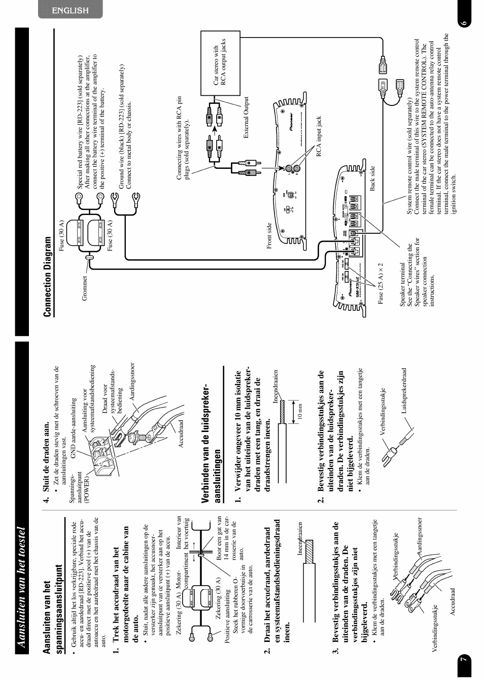 Aansluiten van het toestel, Aansluiten van het spanningsaansluitpunt, Connection diagram | Verbinden van de luidspreker- aansluitingen | Pioneer GM-X952 User Manual | Page 7 / 32