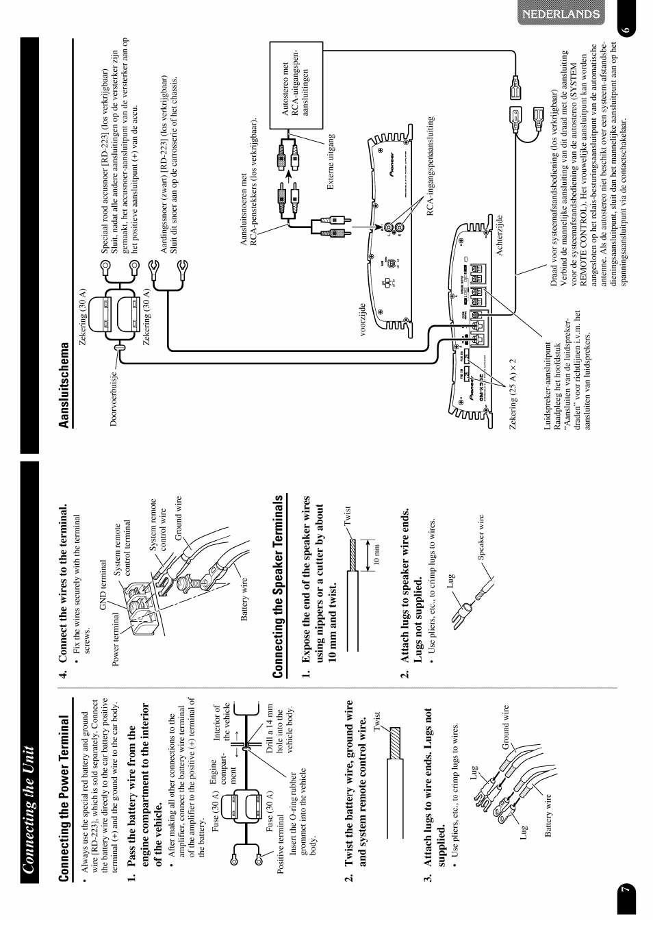 Connecting the unit, Connecting the power terminal, Connecting the speaker terminals | Aansluitschema | Pioneer GM-X952 User Manual | Page 8 / 32