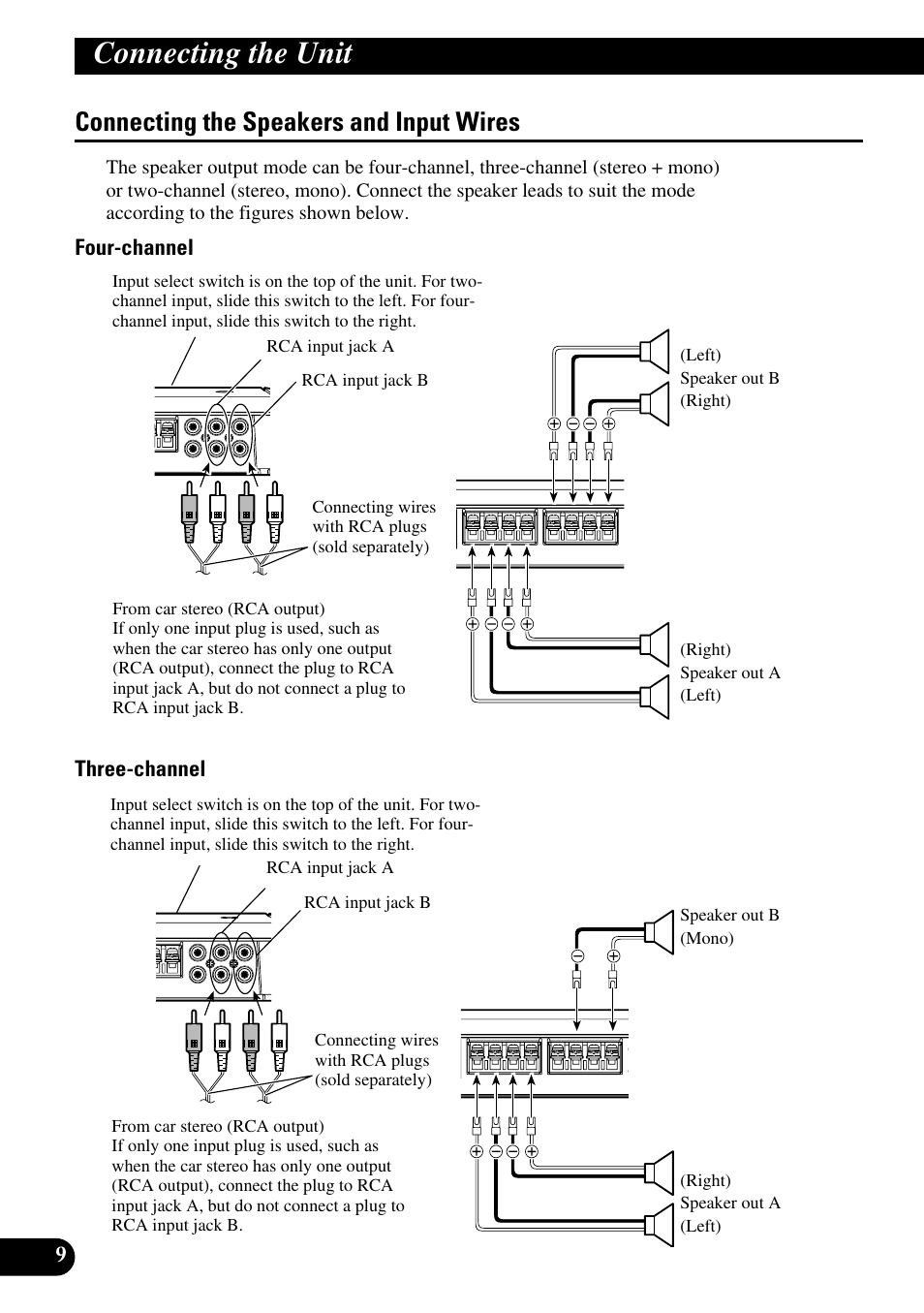 Connecting the speakers and input wires, Connecting the unit | Pioneer PRS-D410 User Manual | Page 10 / 99