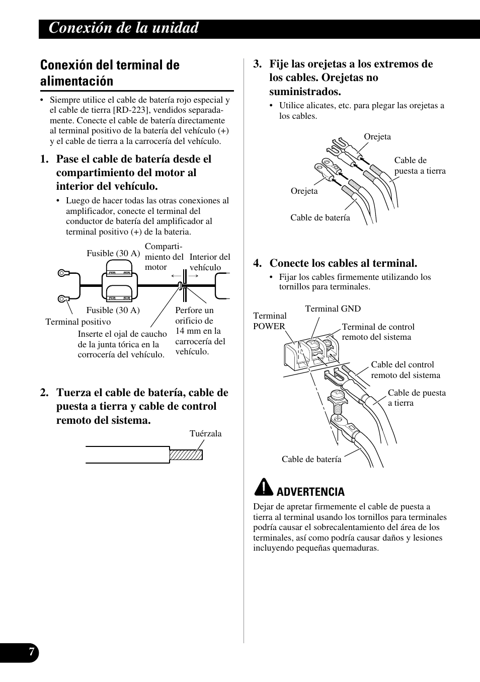 Conexión del terminal de alimentación, Conexión de la unidad | Pioneer PRS-D410 User Manual | Page 22 / 99