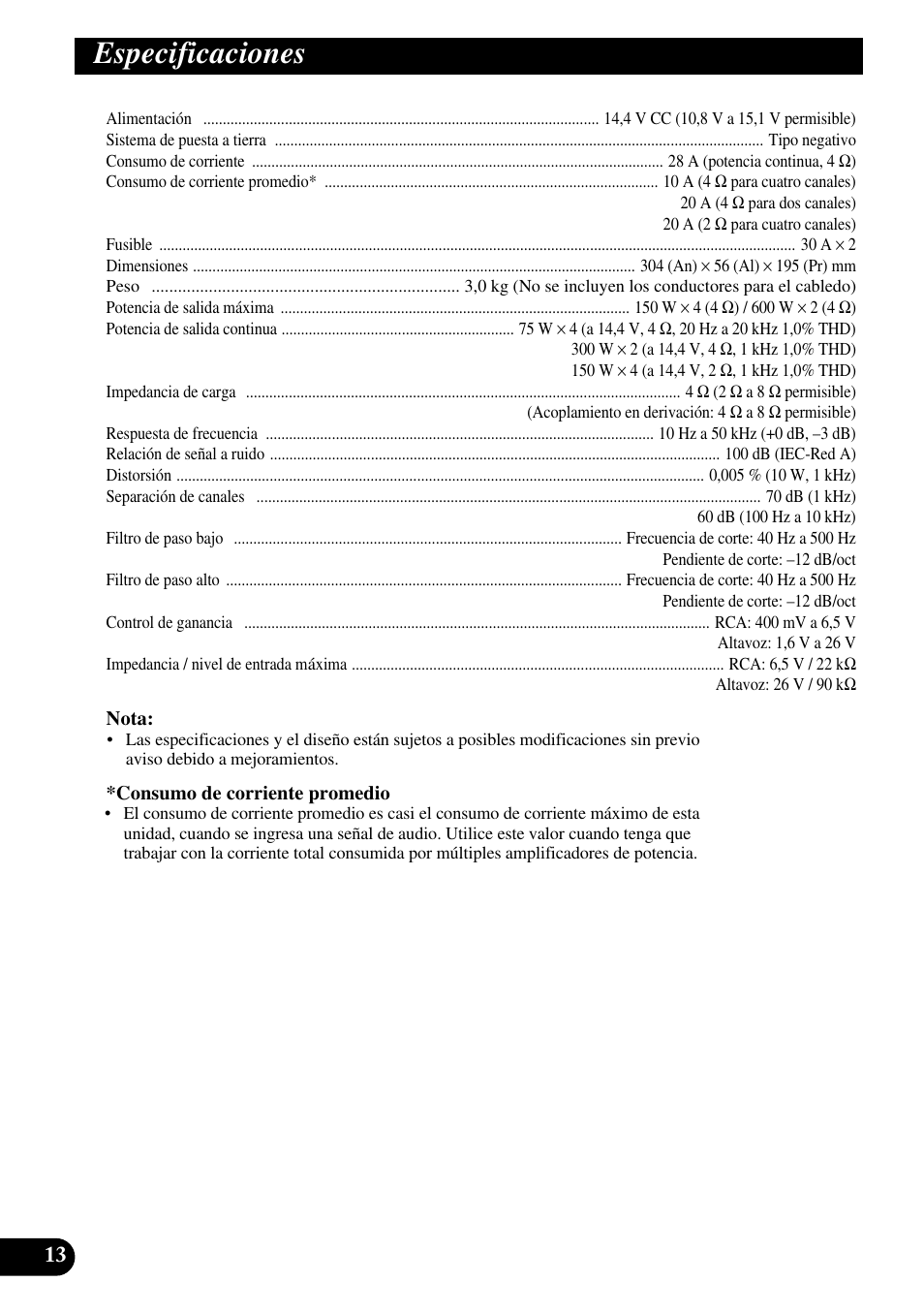 Especificaciones | Pioneer PRS-D410 User Manual | Page 28 / 99