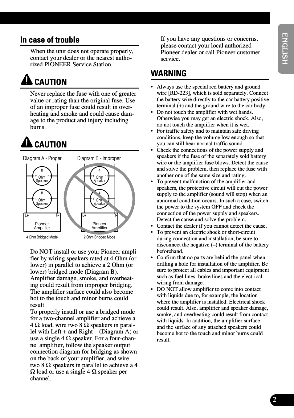 In case of trouble caution caution warning, Caution, Warning | Pioneer PRS-D410 User Manual | Page 3 / 99