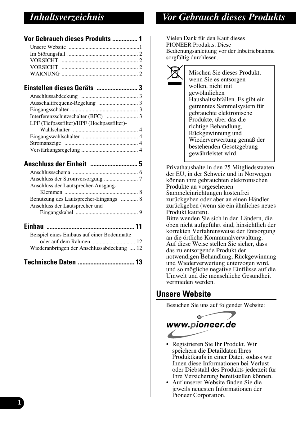 Deutsch, Inhaltsverzeichnis vor gebrauch dieses produkts, Unsere website | Pioneer PRS-D410 User Manual | Page 30 / 99