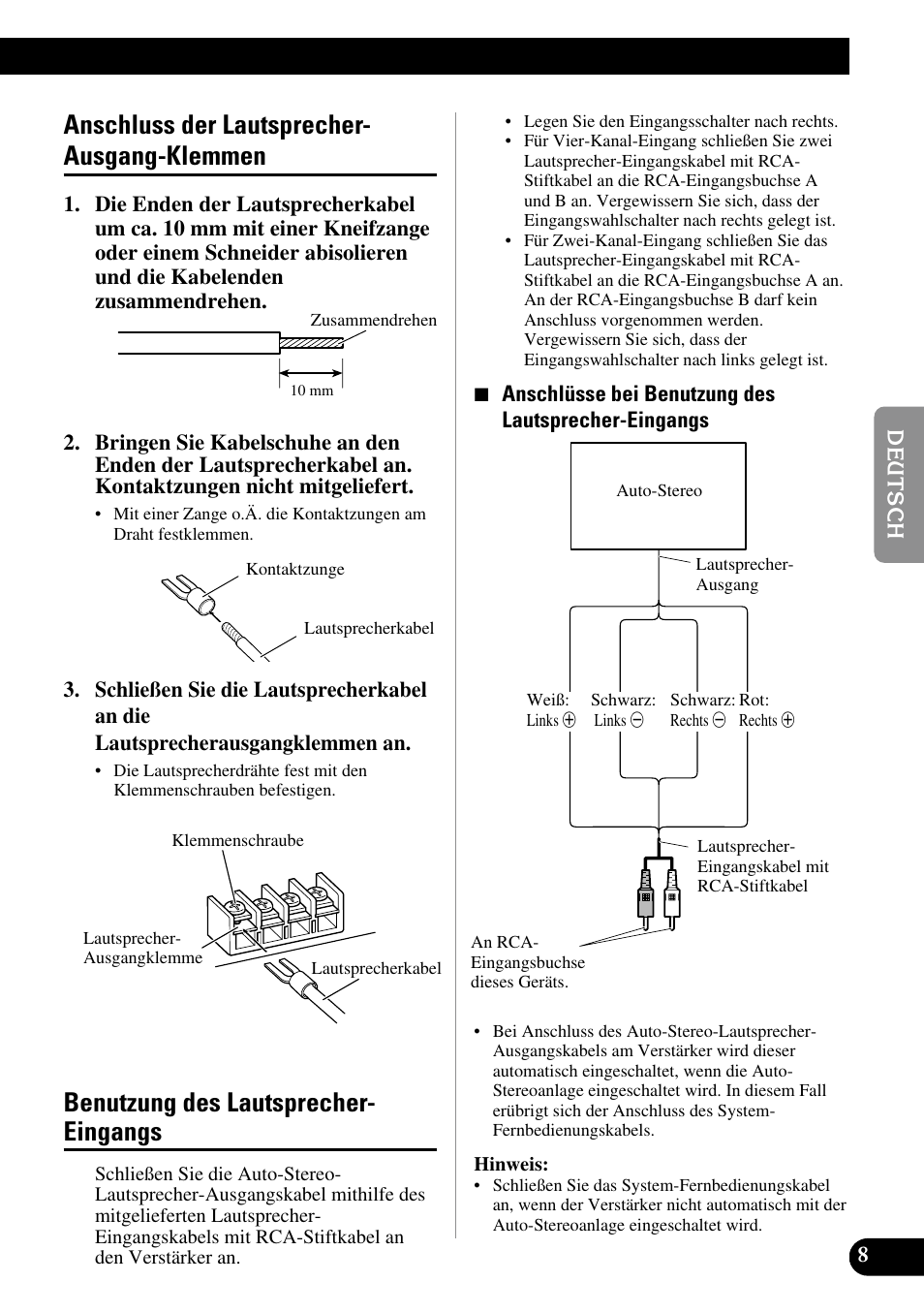 Anschluss der lautsprecher-ausgang, Klemmen, Benutzung des lautsprecher-eingangs | Anschluss der lautsprecher- ausgang-klemmen, Benutzung des lautsprecher- eingangs | Pioneer PRS-D410 User Manual | Page 37 / 99