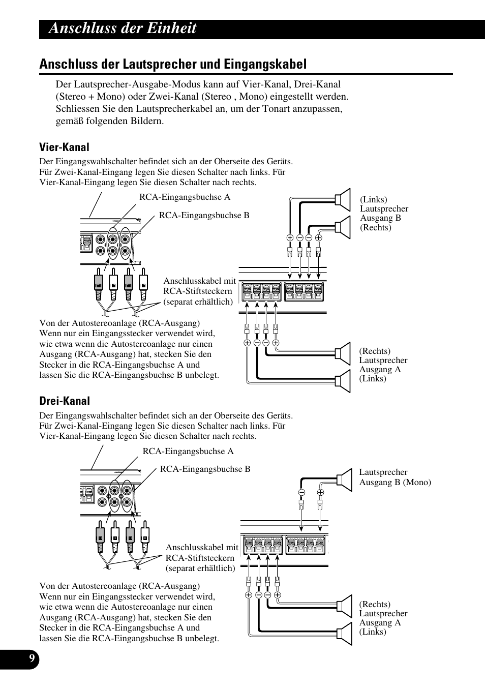 Anschluss der lautsprecher und, Eingangskabel, Anschluss der einheit | Anschluss der lautsprecher und eingangskabel | Pioneer PRS-D410 User Manual | Page 38 / 99